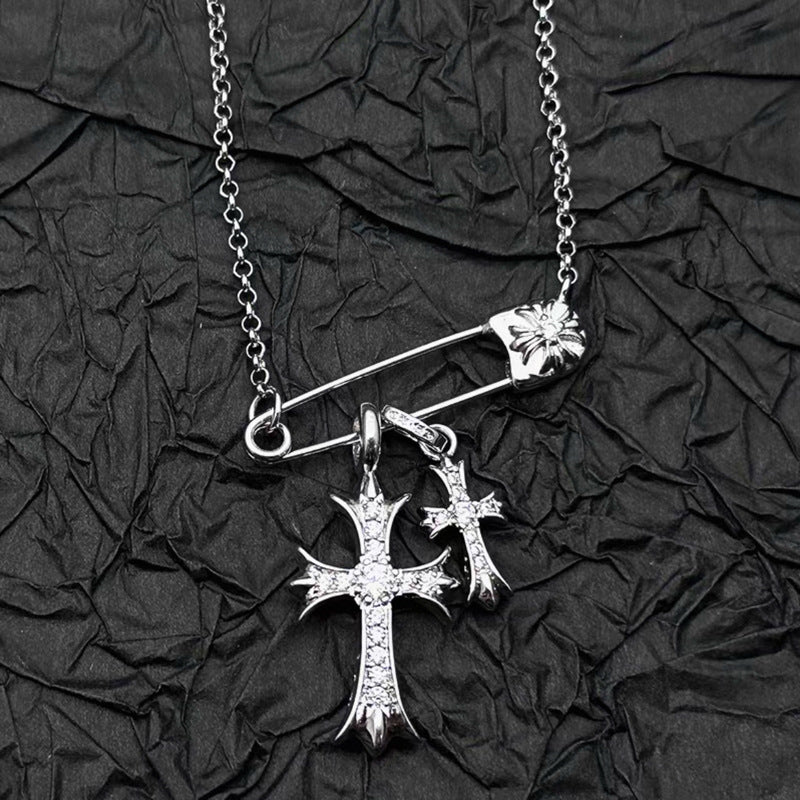 925 Silver Plated White Gold Rhinestone Pin Double Cross Pendant Necklace for Men and Women, European and American Style, Unique Design, High-End Look
