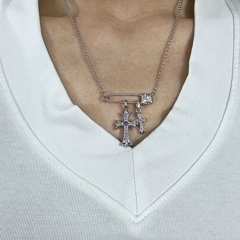 925 Silver Plated White Gold Rhinestone Pin Double Cross Pendant Necklace for Men and Women, European and American Style, Unique Design, High-End Look