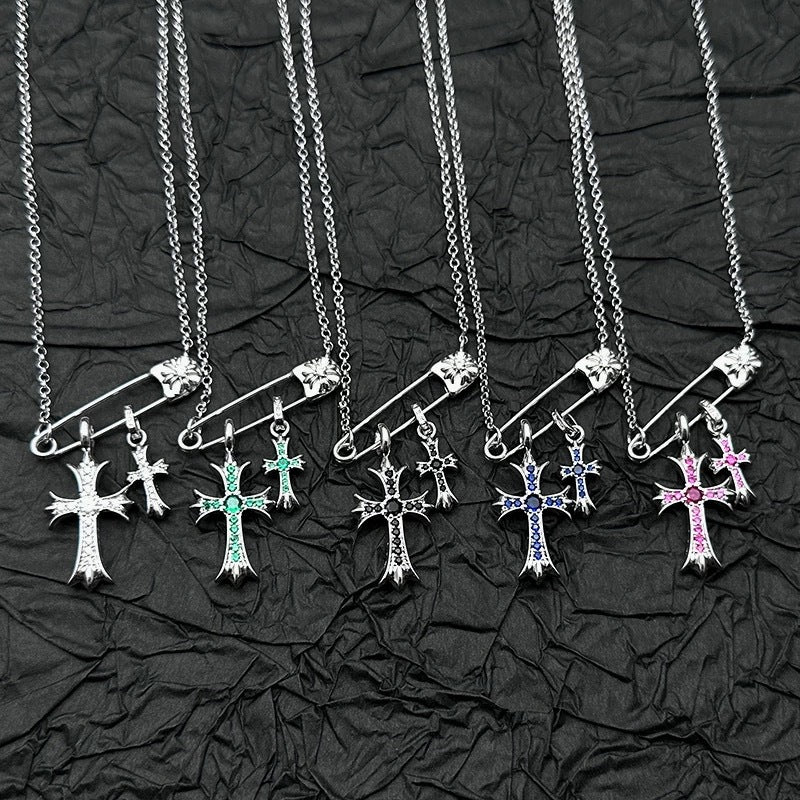 925 Silver Plated White Gold Rhinestone Pin Double Cross Pendant Necklace for Men and Women, European and American Style, Unique Design, High-End Look